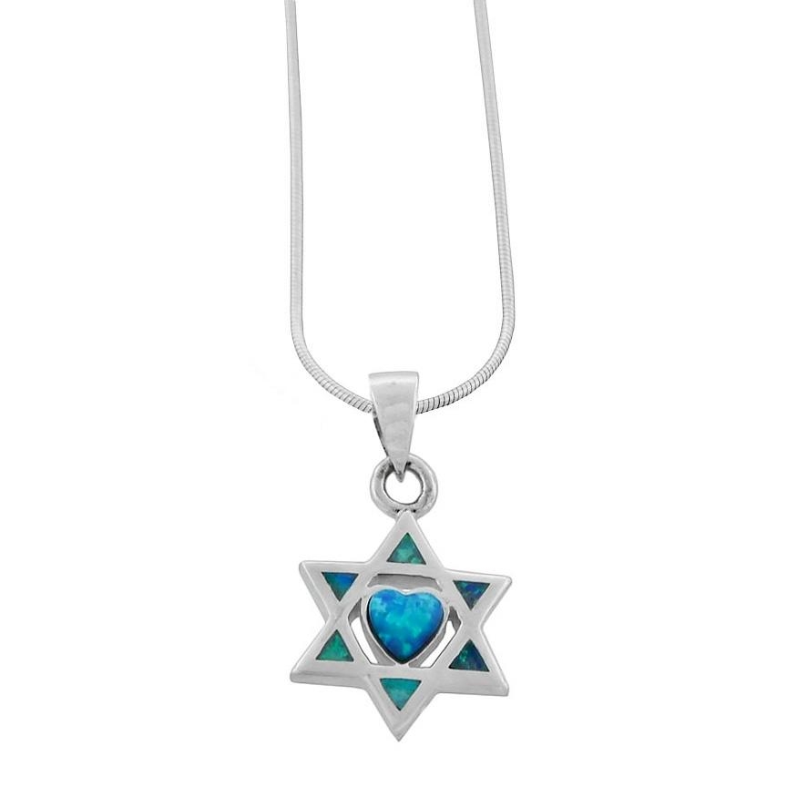 Silver & Opalite Star of David Necklace with Heart - 1