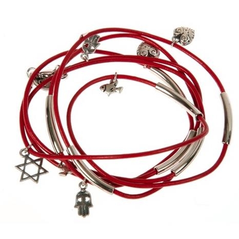  Silver Plated Red Leather Bracelet - Jewish Symbols by Or Jewelry - 1