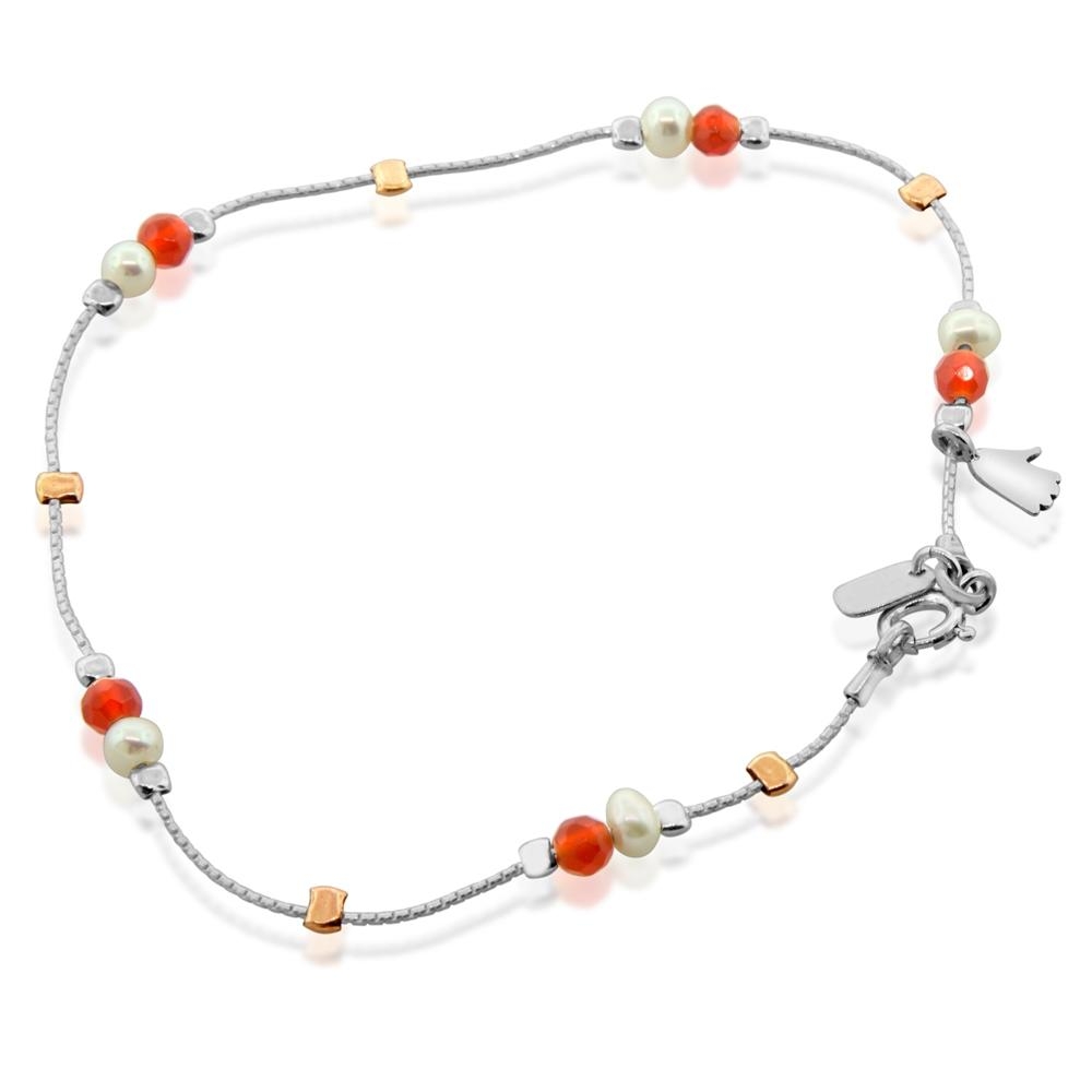 Silver and Carnelian Stones Hamsa Anklet - 1