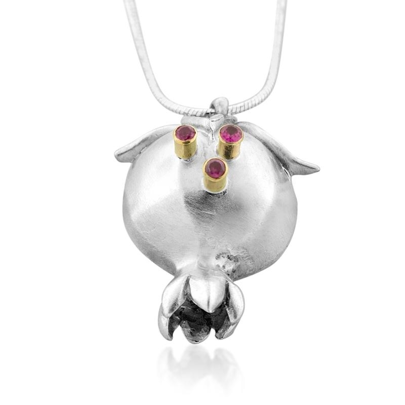 Silver and Gold Pomegranate Necklace with Red Gemstones - 2