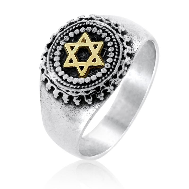 Silver and Gold Star of David Ornate Signet Ring - 1