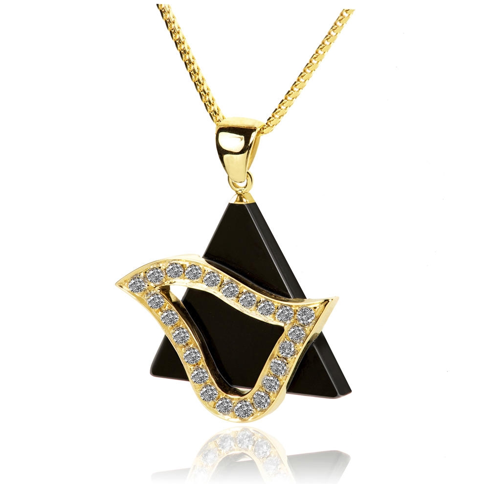 Star of David Dove: 14K Gold Diamond Encrusted Pendant with Onyx - 1