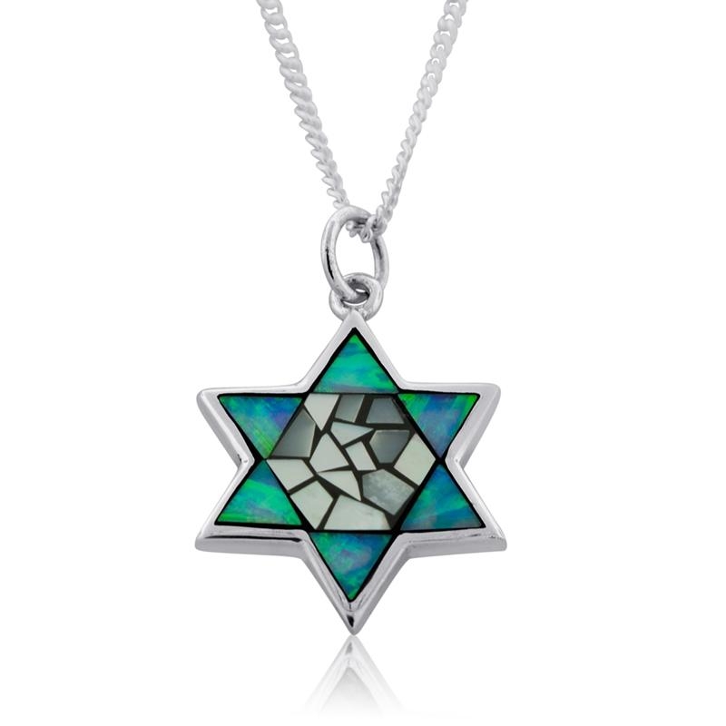  Star of David Necklace: Sterling Silver and Opal with Mother of Pearl Mosaic Center - 2