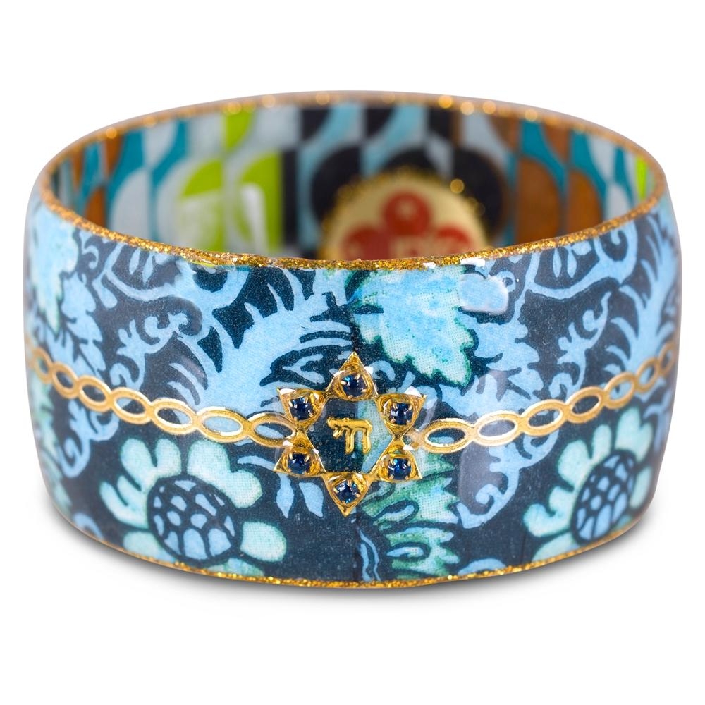 Star of David with Chai: Iris Design Hand Painted Bangle with Czech Stones - 1