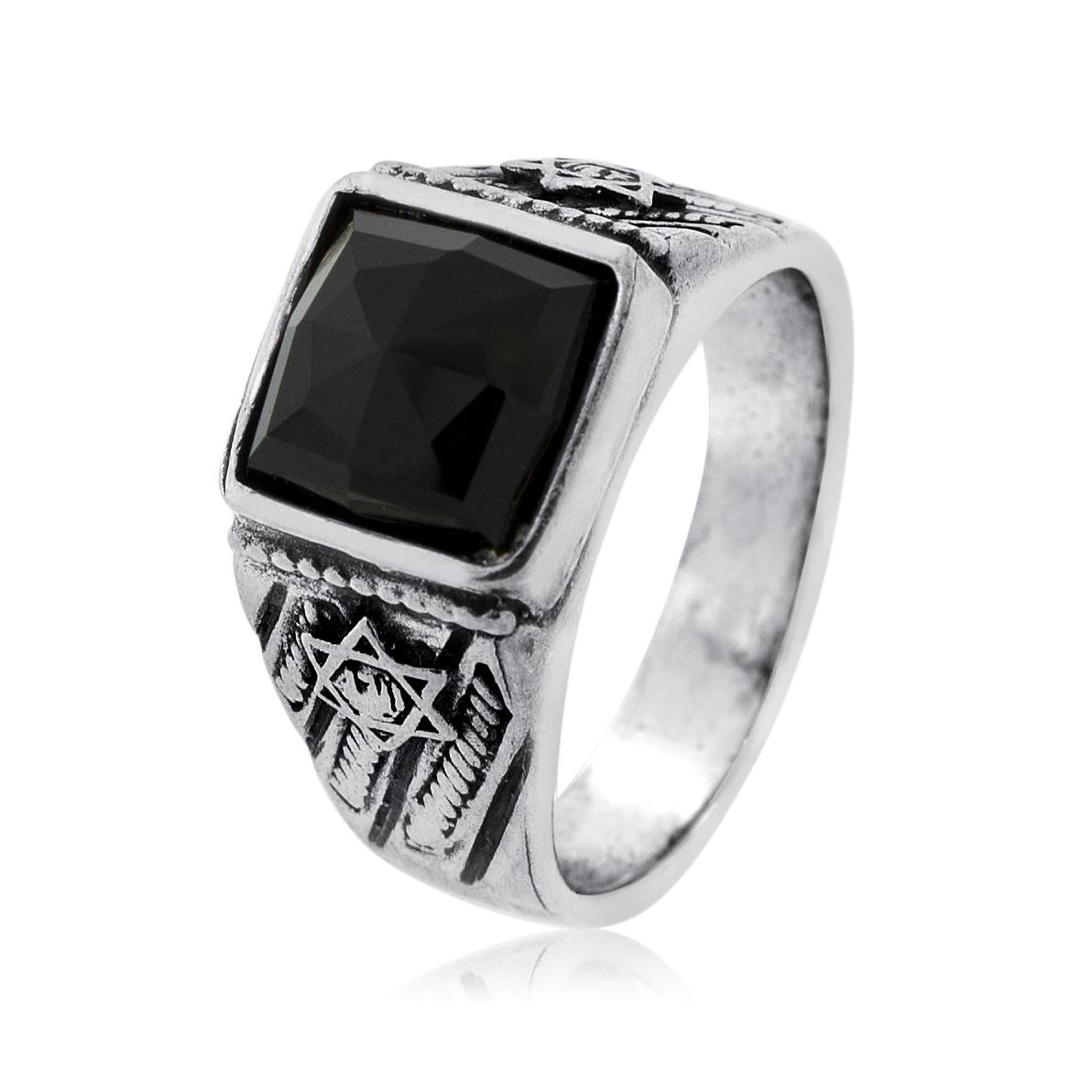 Stars of David: Sterling Silver Ring with Onyx Stone - 1