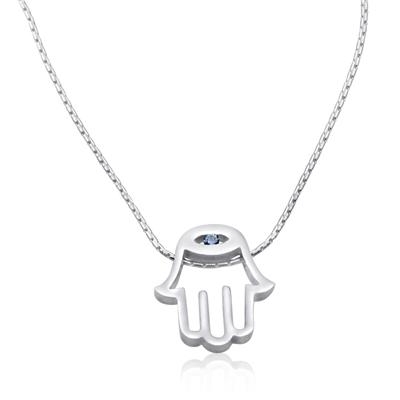 Sterling Silver Hamsa Necklace with Blue Cubic Zirconia - 1