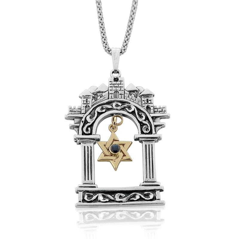 Sterling Silver Jerusalem Temple and 9K Gold Star of David Necklace with Sapphire Stone - 2