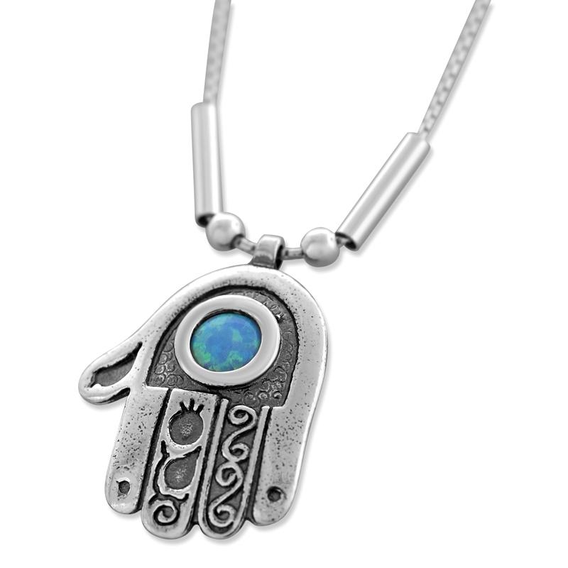  Sterling Silver Opal Center Hamsa Good Luck Charm Necklace - 1