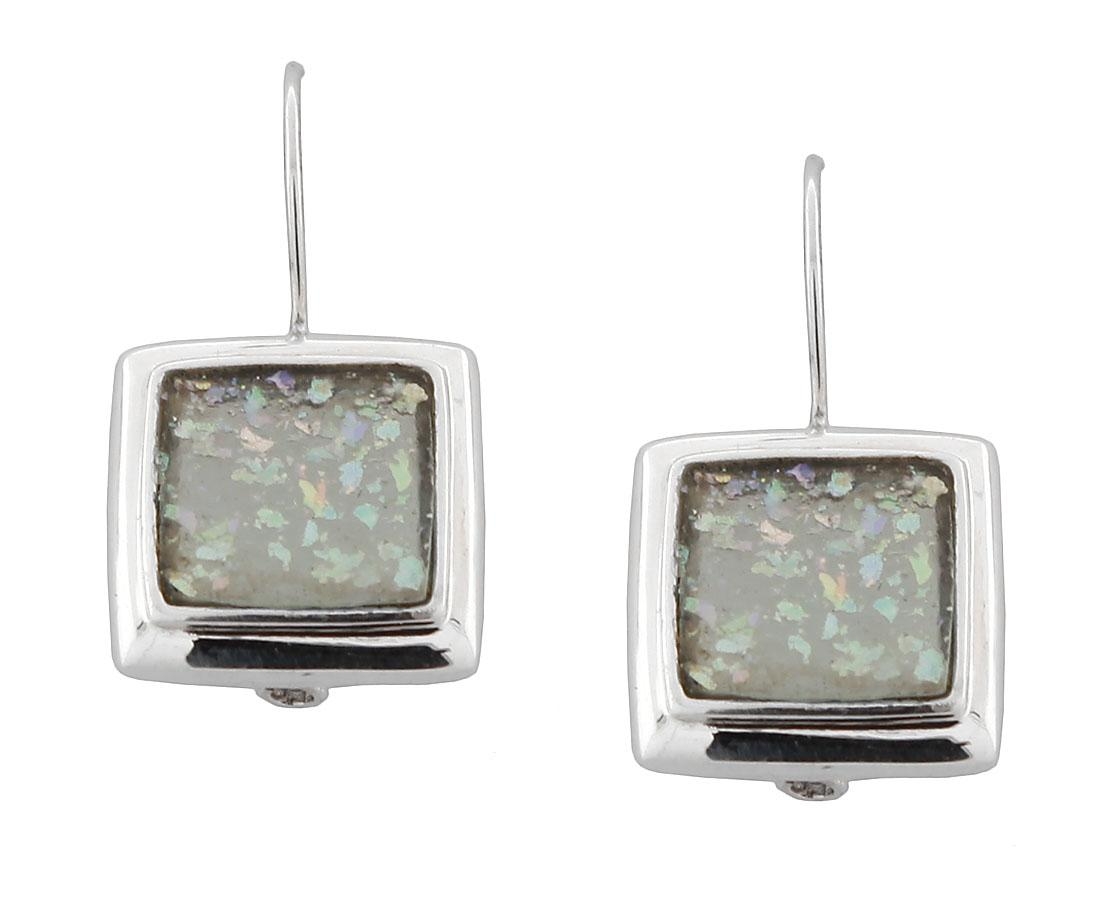  Sterling Silver Square Earrings with Large Roman Glass Center - 1