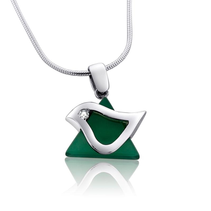 Star of David Dove: Silver Necklace with Green Agate and Cubic Zirconia Diamond - 2