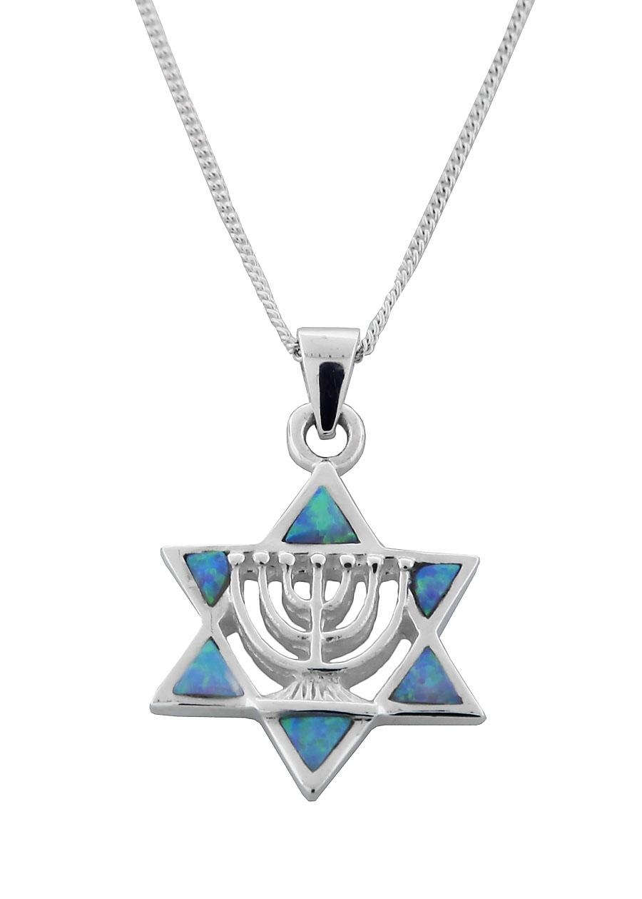  Sterling Silver and Opalite Star of David Necklace with Menorah - 1