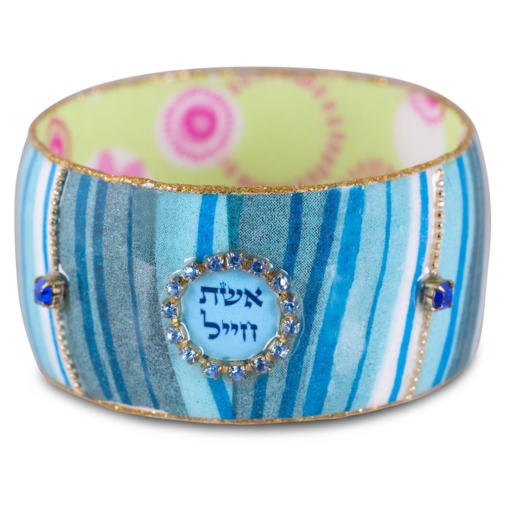 Woman of Valor: Iris Design Hand Painted Bangle with Czech Stones (Blue) - 2