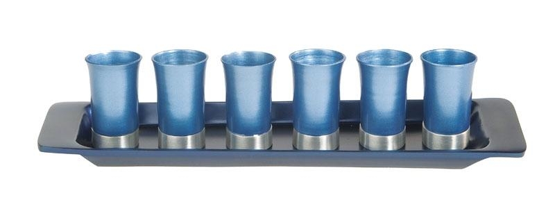 Yair Emanuel Anodized Aluminum Set of 6 Small Kiddush Cups with Tray - Light Blue - 1