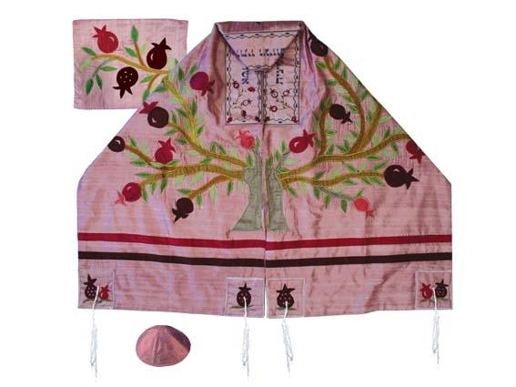 Yair Emanuel Embroidered Raw Silk Tallit - Pomegranates and Tree of Life (Pink)   - 1
