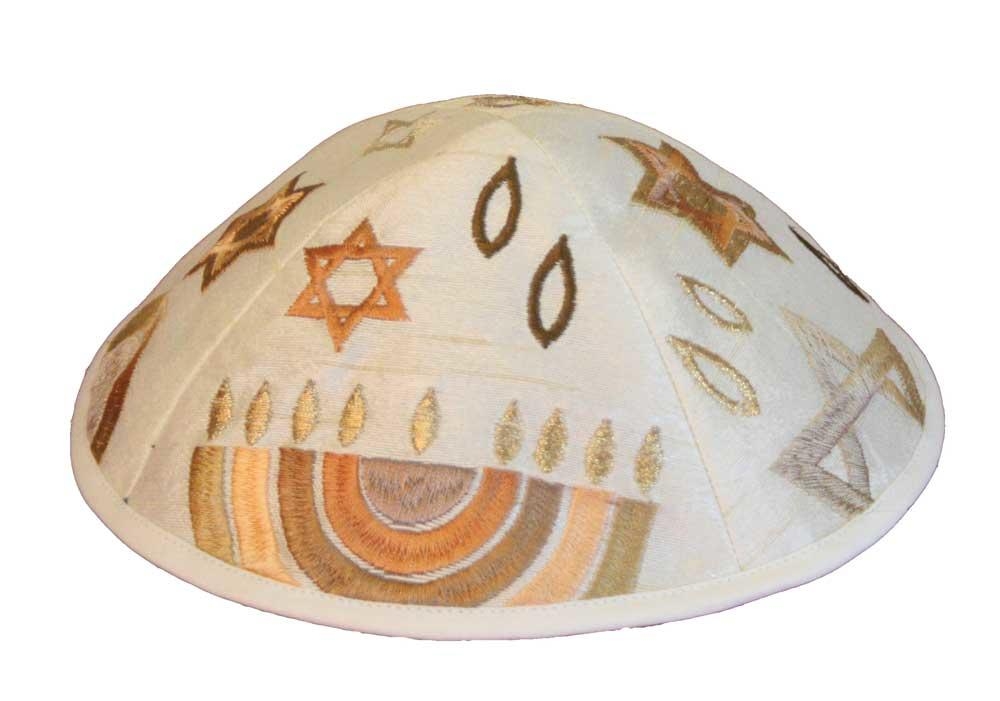  Yair Emanuel Embroidered Silk Kippah - Jewish Symbols (Gold) - 1