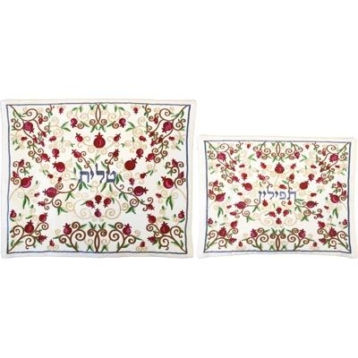 Yair Emanuel Embroidered Tallit and Tefillin Bag Set - Pomegranate Vine in White - 1