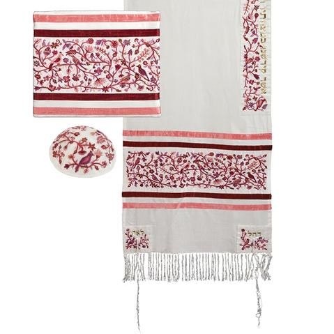 Yair Emanuel Full Embroidered Raw Silk Tallit with Birds and Flowers Design (Pink/White) - 1