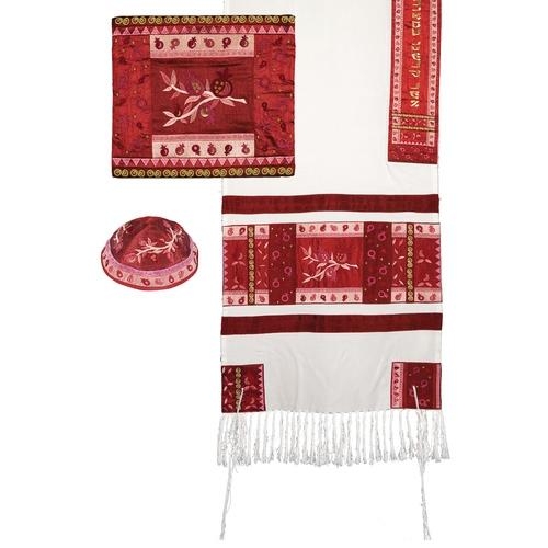 Yair Emanuel Full Embroidered Raw Silk Tallit with Pomegranates Design (Red/Pink) - 1