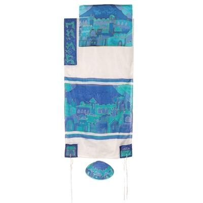 Yair Emanuel Hand-Painted Silk Tallit-Jerusalem Gate (Turquoise White) - 1