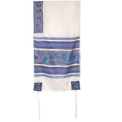 Yair Emanuel Hand-Painted Silk Tallit-Jerusalem Dove (White and Blue) - 1