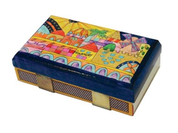  Yair Emanuel Kitchen Size Painted Wooden Match Box - Jerusalem Sun - 1