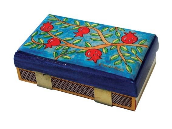  Yair Emanuel Kitchen Size Painted Wooden Match Box - Pomegranate Branches - 1