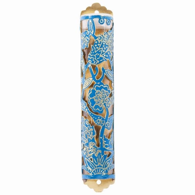 Yair Emanuel Laser Cut Hand Painted Metal Mezuzah - Flowers - Turquoise - 1