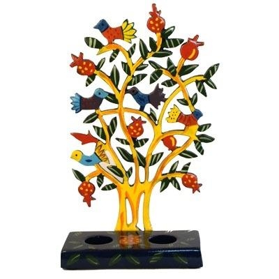 Yair Emanuel Painted Metal Candle Holder  - Pomegranate Tree (Yellow Tree) - 1