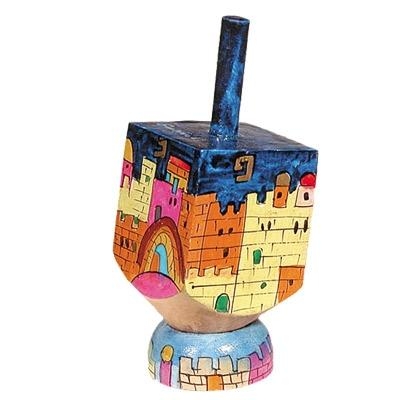 Yair Emanuel Small Wooden Dreidel with Stand -Jerusalem Color - 1