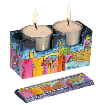 Yair Emanuel Hand Painted Travel Shabbat Candle Tower - 1