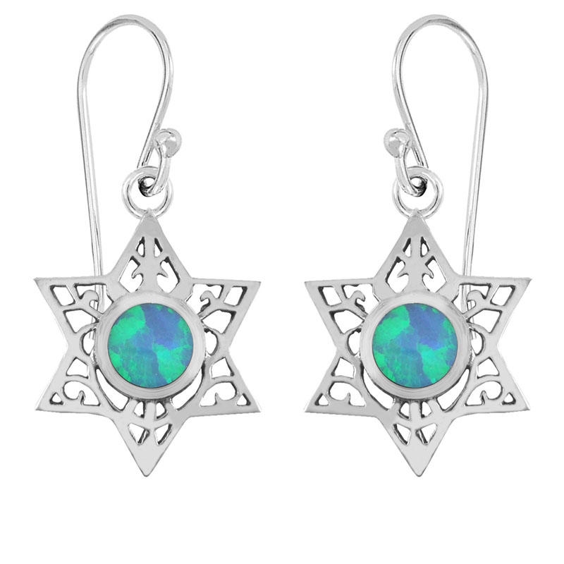 Star of David Sterling Silver Earrings with Opal - 1