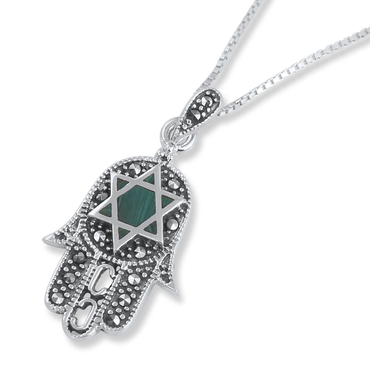 Sterling Silver and Marcasite Hamsa Necklace with Star of David - 1