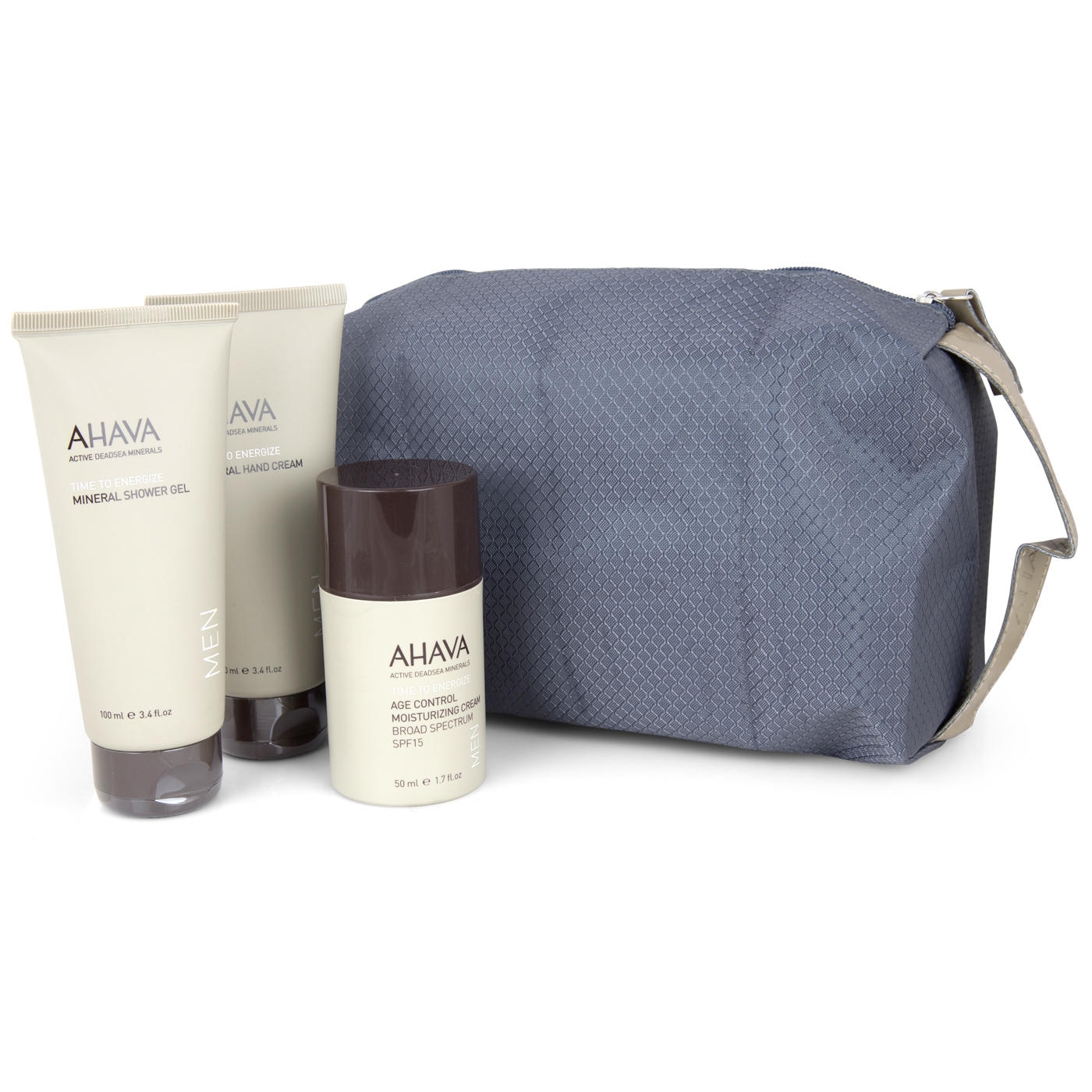 AHAVA Triple Face and Body Treatment Kit For Men: Age Control Moisturizing Cream SPF 15, Mineral Shower Gel, Hand Cream - 1