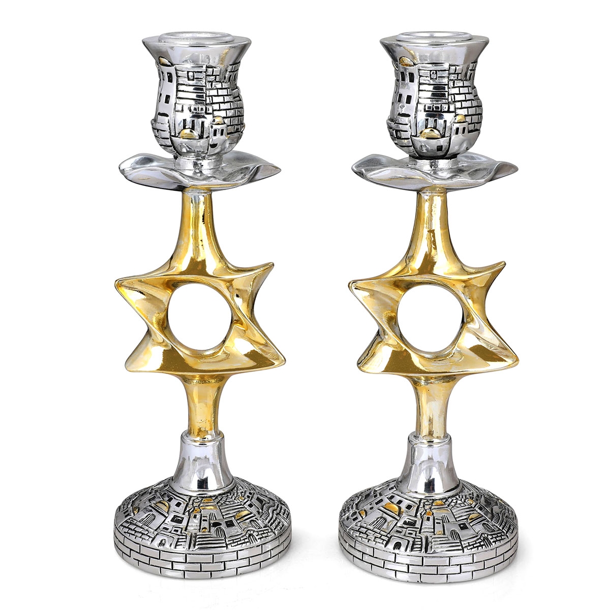 Jerusalem Golden Star of David Silver-Plated Candlesticks - 1