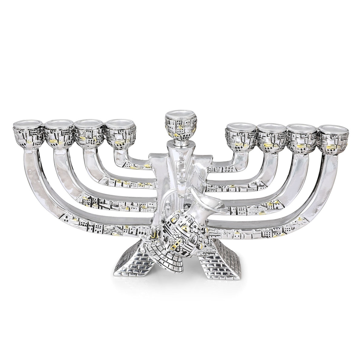 Jerusalem Scenery Silver-Plated Hanukkah Menorah with Pouring Jug - 1