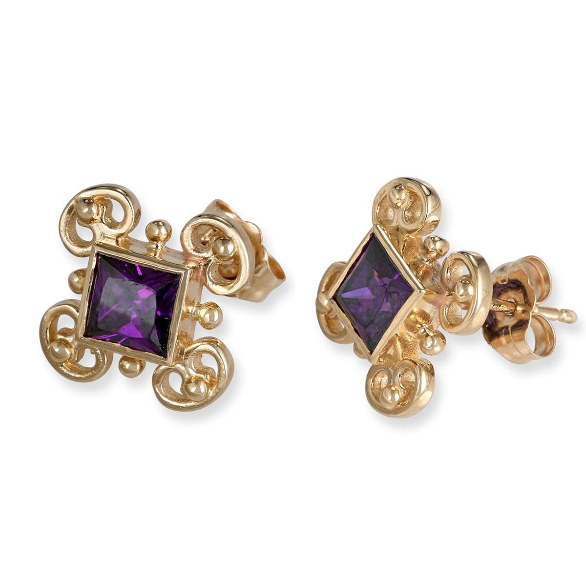 Rafael Jewelry Luxurious Handcrafted 14K Yellow Gold Earrings With Amethyst Stones - 1