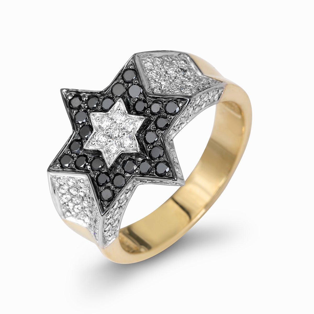 Anbinder Jewelry Two-Toned 14K Gold Star of David Ring With White and Black Diamonds - 1
