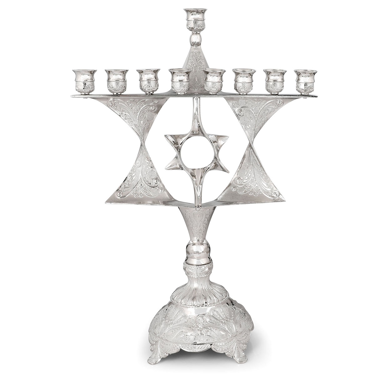 Double Star of David Large Ornate Nickel Hanukkah Menorah  - 1