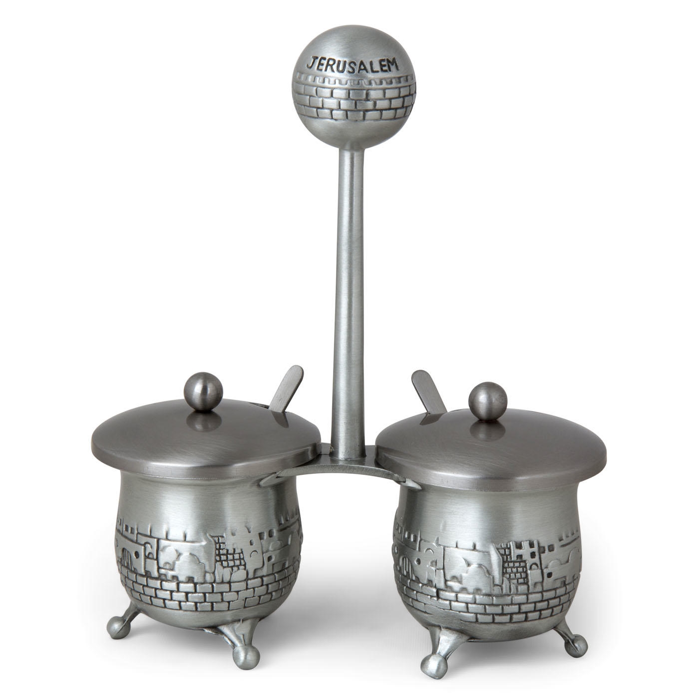 Pewter Salt and Pepper Pots with Spoons - Jerusalem Motif - 1