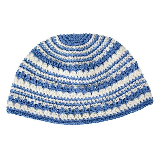 Crocheted Frik Kippah with Light Blue and White Design - 1