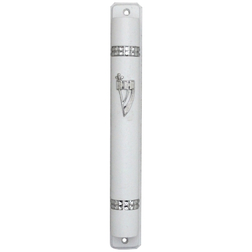 Rounded White Wooden Mezuzah Case with Shin  - 1