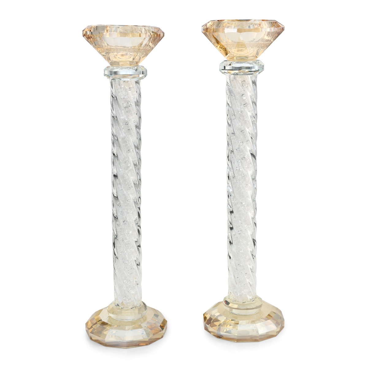 Tall Crystal Candlesticks with Yellow Tint - 1