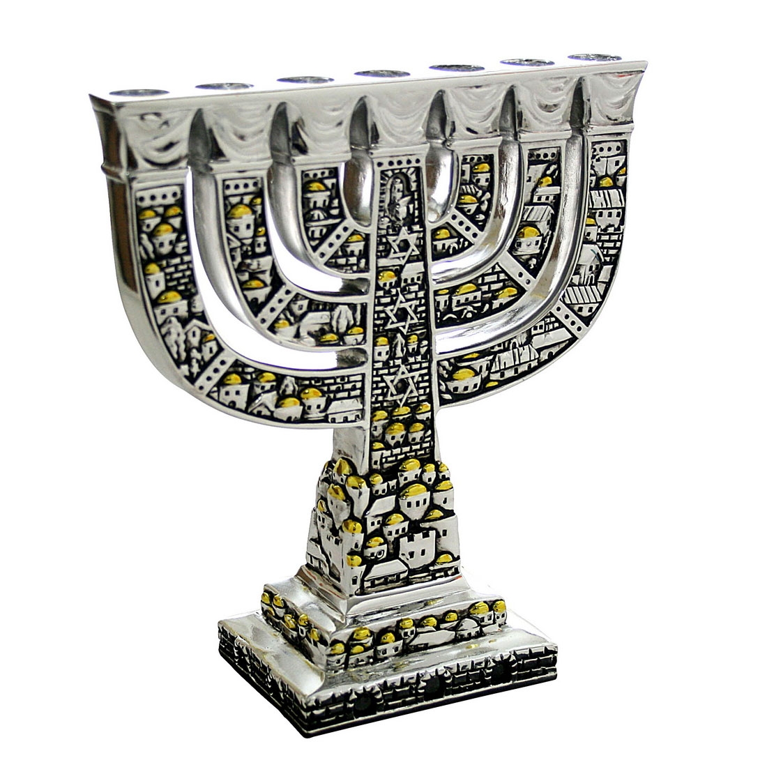 Jerusalem and Star of David Silver-Plated Menorah with Golden Highlights  - 1