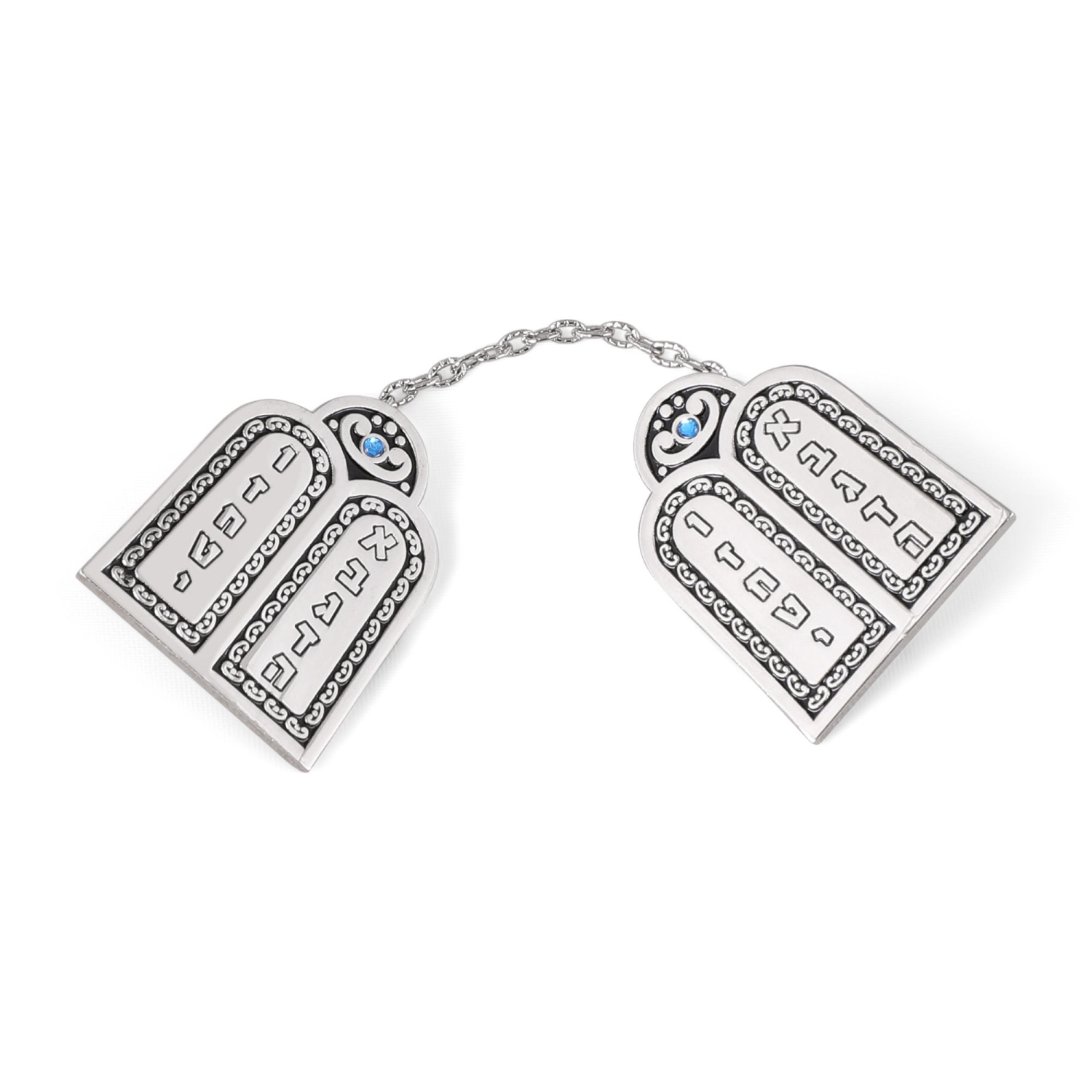 Nickel Ten Commandments Tallit Clips with Blue Crystals - 1