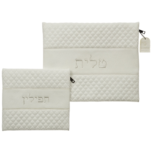 Embroidered White Faux Leather Tallit & Tefillin Bag Set - 1