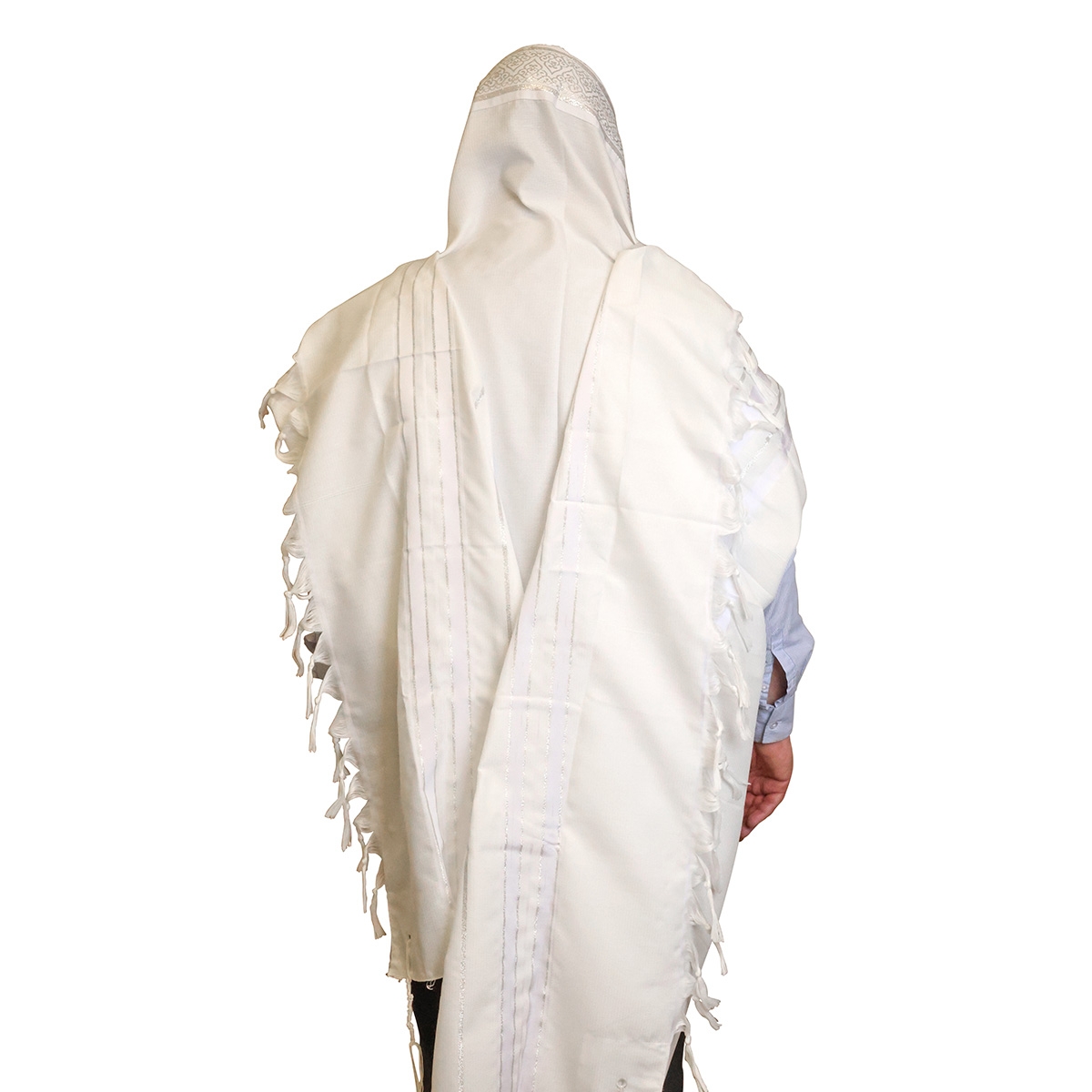 White Acrylic Tallit (Prayer Shawl) with Silver Stripes and Baroque-Pattern Collar - 1