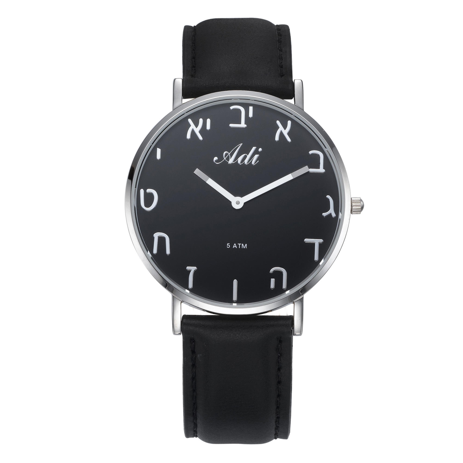 Adi Black Leather Aleph-Bet Watch - Black and Silver Face - 1