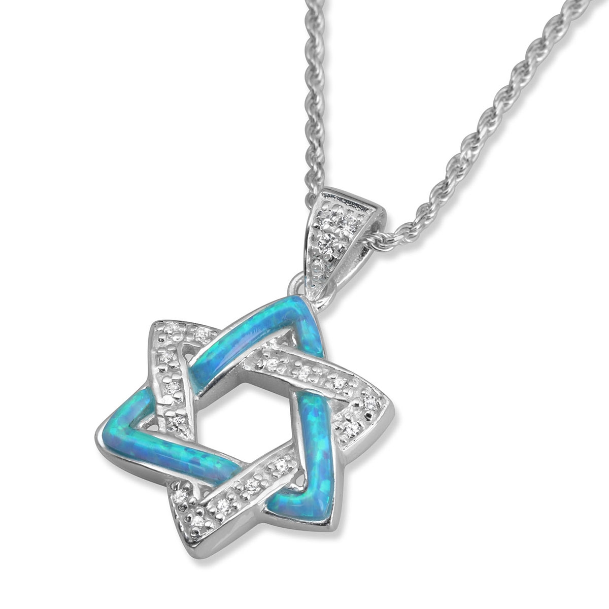 Silver and Opalite Interlocked Star of David Necklace with Zirconia Accents - 1