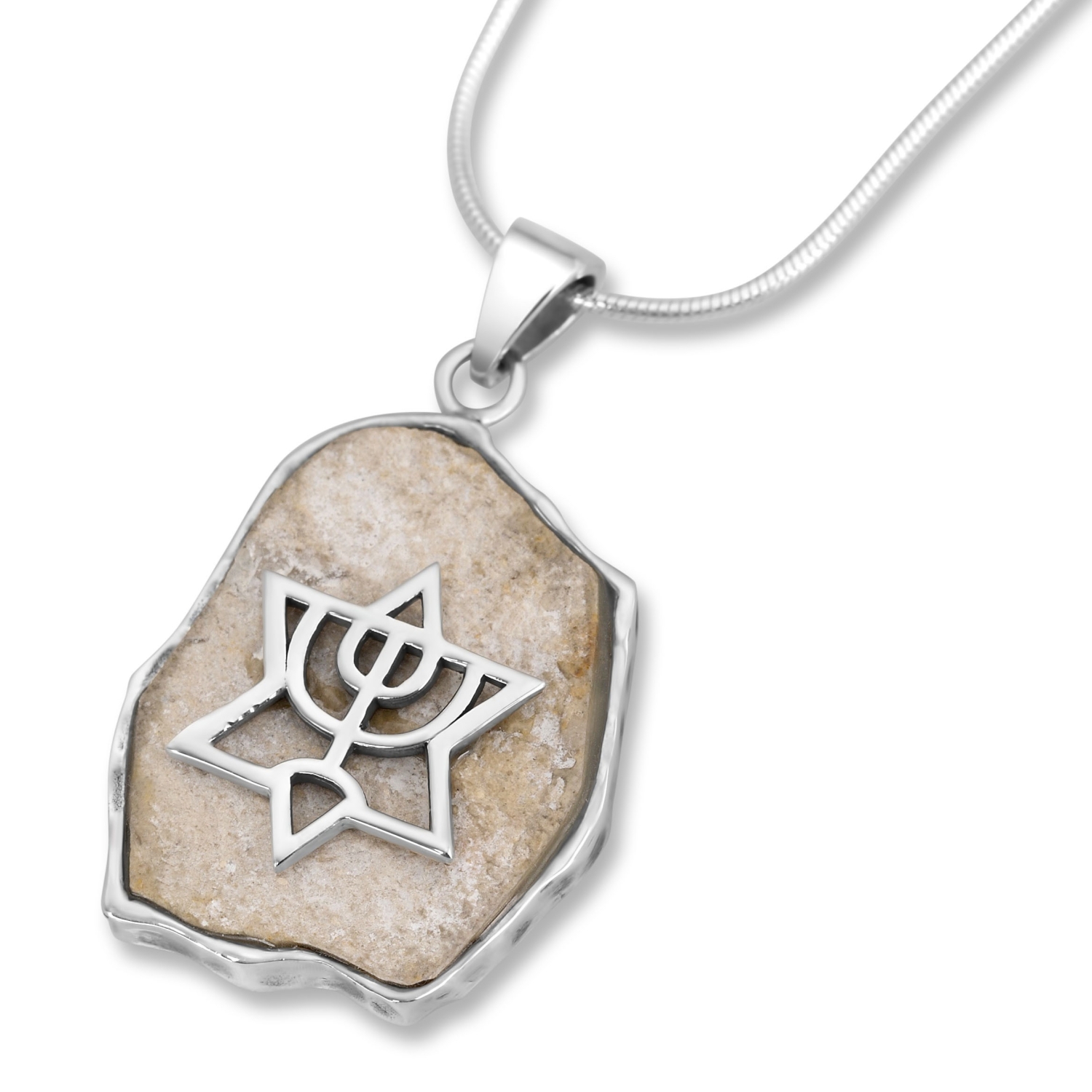 Jerusalem Stone Necklace with Silver Star of David-Menorah Design - 1