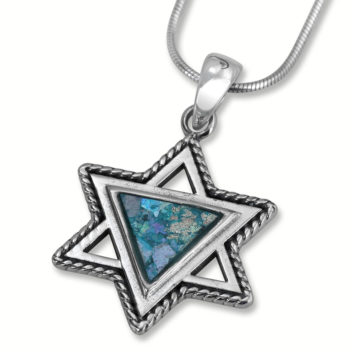 Star of David Sterling Silver Roman Glass Necklace  - 1